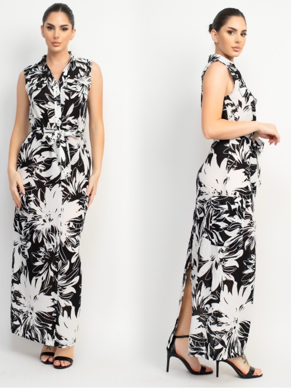Haute Monde Black & White Floral Maxi Shirt Dress